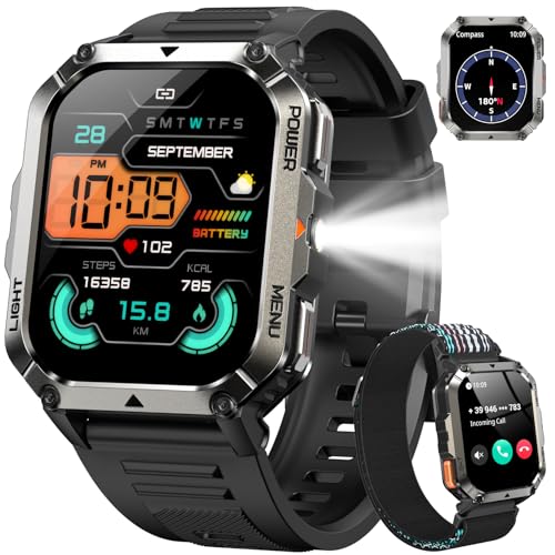 IOWODO Smartwatch Uomo Militare 2.01 con Chiamate Bluetooth, Batteria 900mAh, Torcia LED, Bussola, IP68 Impermeabile, Monitoraggio Cuore/Ossigeno nel Sangue/Sonno, 123 Modalità Sportive, 2 Cinturini