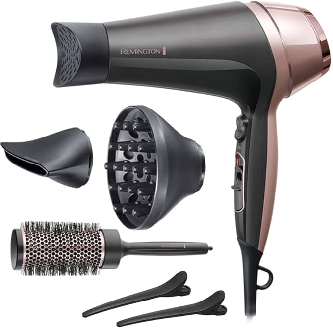 Remington Secador de Pelo Curl & Straight Confidence, 2 en 1 Alisa y Riza, Iónico, 2200 W, 2 Concentradores, 1 Difusor y Cepillo de Barril, 3 Temperaturas, 2 Velocidades, Color Negro Y Rosa, D5707