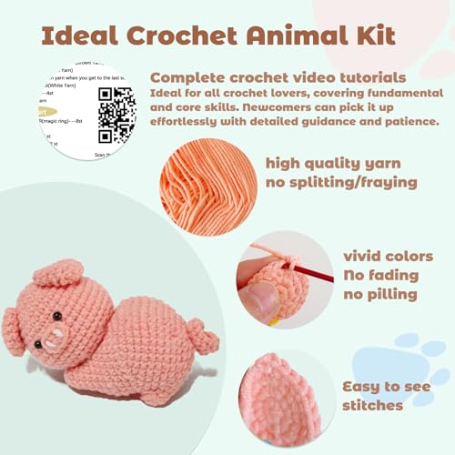 Image of JueRum Pig Crochet Kits for Adult,Amigurumi Advanced Crochet Animals Kit with Step-by-Step Video Tutorials, Learn to Crochet Pig Animals Knitting Kit for Adult Crochet Gifts