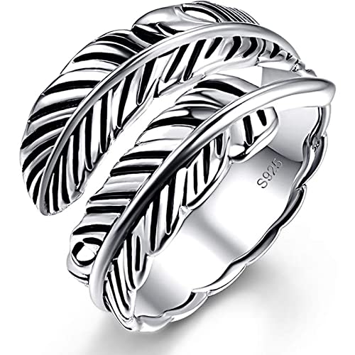 Avecon 925 Sterling Silver Ring Adjustable Feather Ring Stacking Ring Vintage Statement Ring For Women & Men #TOP9