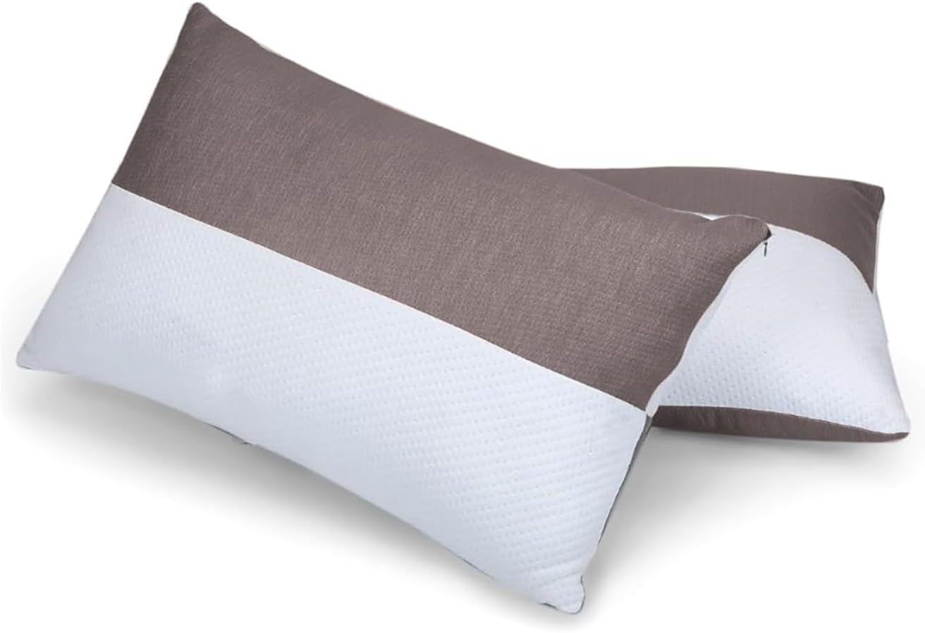 Hollow Fiber Sleeping Pillow | Soft and Fluffy | Adjustable Height Pillows Set of 2 | White and Brown (27 x 16 Inches)