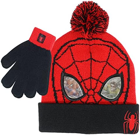 Marvel Spider-Man Kid’s Winter Hat and Snow Gloves for Boys and Toddlers, 2 Pc. Set, Pom-Pom Beanie with Warm Mittens