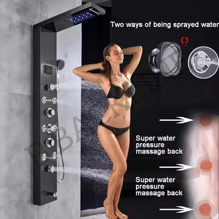 Image of Backline Stainless Steel 304 Shower Panel 6-in-1 Thermostatic LED Rainfall Shower System - Hot & Cold Water | Handheld Shower | Body Massage Jets | Waterfall Spout Bathroom Luxury Upgrade (Black)