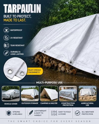 Image of Premsons Poly Tarp Cover Thick Waterproof, UV Resistant, Rip and Tear Proof Tarpaulin with Grommets & Reinforced Edges 21 x 12 feet (White)