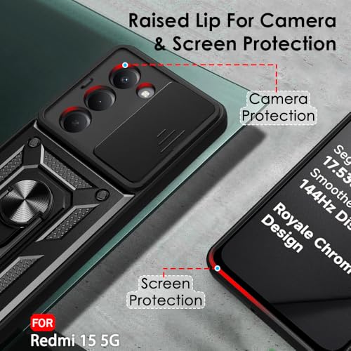 Image of TheGiftKart Tough Armor Bumper Back Cover Case for Mi Redmi 15 5G | Sliding Camera Cover, Kickstand & Ring Holder | 360 Degree Protection Back Cover Case for Redmi 15 5G (PC & TPU, Black)