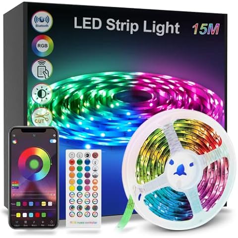 vvuvnem LED Strip Lights 15m, Ultra-Long RGB Bluetooth Light Strip with Remote, Music Sync, App Control, LED Lights for Bedroom, Home, Party, Bar1 Cover