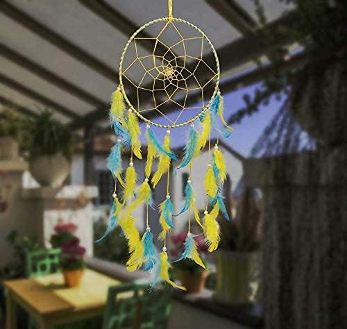 M/S RAKHI HANDICRAFT Dream Catcher, Wall Hangings, Home Decor, Handmade Dreamcatcher for Bedroom, Balcony, Garden, Party, Cafe, Small Ring Beaded Yellow & Blue Feathers, 17cm Diameter, Length 51cm-image-38