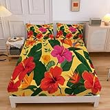 Aquarell Hibiskusblüten Spannbettlaken 140x200cm Tropenblüten Bettlaken 3D Erwachsener Spannbetttuch 140x200 Spannbetttücher Topper 30 cm Höhe Weiche Mikrofaser mit 2 Kissenbezügen a.9417