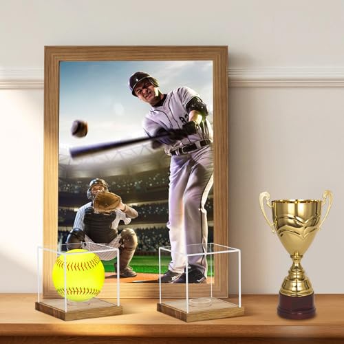 Image of 2 Pack Clear Acrylic Softball Display Case with Wood Base, Memorabilia Stand Cube Holder, Dust Protection Transparent Storage Box for Single Ball Souvenir Softball Collections