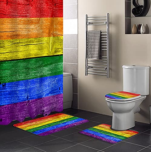 YCDtop LGBT Pride Regenbogen Holz Duschvorhang Sets rutschfeste Teppiche Toilettendeckelabdeckung und Badematte wasserdichte Badvorhänge 180x180cm (71x71in) – Bild 3
