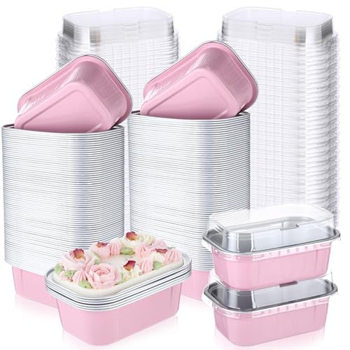Vesici 100 Mini Loaf Pans with Lids, 5.7oz Aluminum Foil, Pink