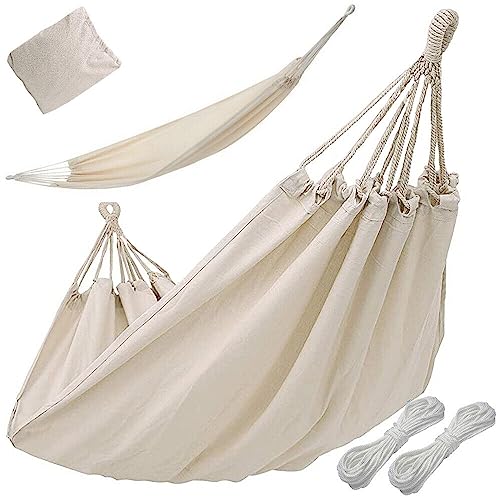 Hamacas individuales 5 Verk Group Hamaca Individual de jardín de Tela de algodón para Interior y Exterior, 200 x 80 cm, Color Arena Blanco, Hamaca de Camping portátil con Bolsa Carga máxima: 150 kg Hamaca suspendida