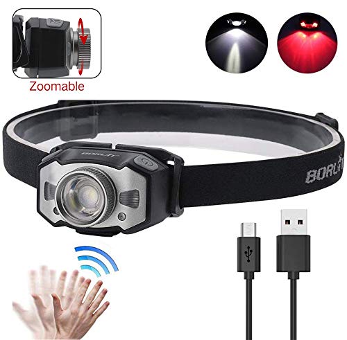 Boruit led headlamp Rechargeable,Portable Zoomable Headlamp Flashlight,5 Modes White& Red LED Light 1000