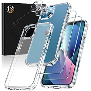 [5-in-1] LK for iPhone 13 Case, 2 Pack Tempered Glass Screen Protector + 2 Packs Lens Protector, Matte-Finish, All-Round Protection, Shockproof, Anti-Scratches Kit for iPhone 13 case