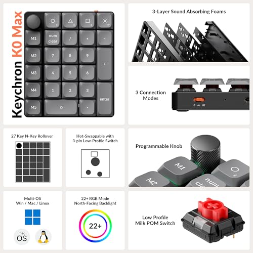 Image of Keychron K0 Max Wireless Low-Profile Number Pad, QMK /VIA Programmable, Hot-Swappable Red Switch, RGB Backlit, 2.4GHz & Bluetooth 5.3, 1000Hz Polling Rate, with Knob, for Windows /Mac
