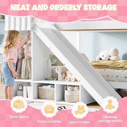 Image of Bellemave Bunk beds Full Over Full with Slide and Stair, Low bunk /loft Bed for Kids,Pink and White