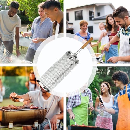 Cilindro per barbecue in acciaio inox, per grigliare verdure, carne, gamberetti, accessori per griglia rotante per cucinare all'aperto, affumicatore e falò