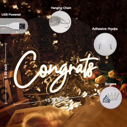 Image of Britrio Congrats Neon Sign Wall Art Decoration LED Neon Sign for Congratulations Graduation Wedding Ceremony Birthday Party Celebration Banquet Backdrop Grad Gift Warm White 5V USB Powered
