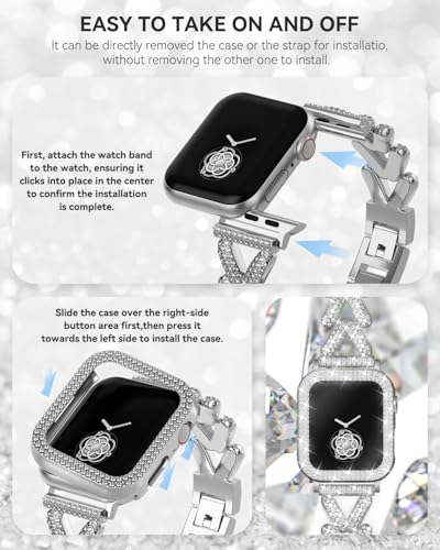 Image of Rhinestones Encrusted Metal Bracelet and Case, Compatible with Apple Watch Bands 38mm-49mm (Series 11 /10 /1 /SE /Ultra 2)- Bling Gold Women's Jewelry Strap, Luxury iWatch Bracelet
