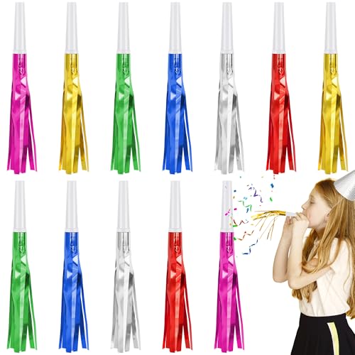 Twavang 12 Pcs Glitter Noise Makers Metallic Fringed Party Blower for Adults Birthday Graduation New Years Party Favors Supplies (Colorful)