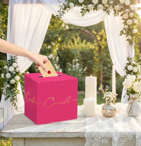 Image of HEIPINIUYE Hot Pink Wedding Card Box with Gold Foil 9.8 inch x 9.8 inch Pink Large Gift Card Box for Party Wedding Reception Graduation Birthday Baby Shower Cardboard Raffle Envelope Box with Slot