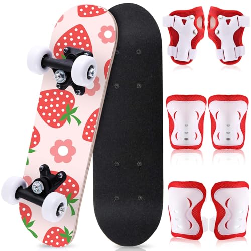 Honoson 7 Pcs Skateboard for Toddlers Beginners Knee Elbow Pads Wrist Guards Gear Set (Strawberry Age 2-5 Kids 17 x 5)