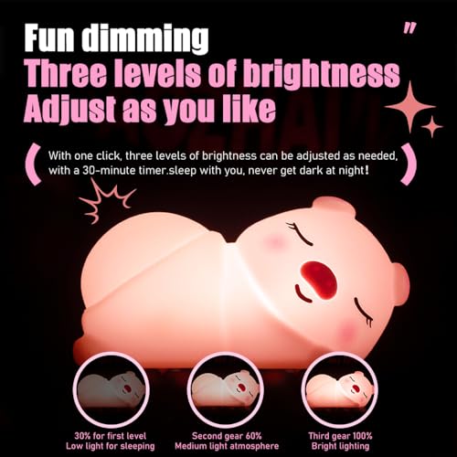 Image of GWALSNTH LED Lying Pig Tapping Lamp, 3 Level Dimmable Nursery Nightlight,Silicone Night Light,Rechargeable Bedside Touch Lamp for Bedroom Breastfeeding