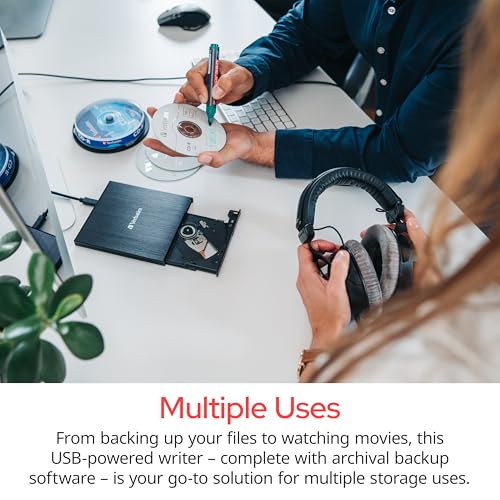Image of Verbatim Slim External Burner CD /DVD + /-RW Optical Drive USB 2.0 with USB A to USB C Adapter and M-DISC Support - Mac & PC Compatible Nero Burn & Archive Software Included (Windows only)