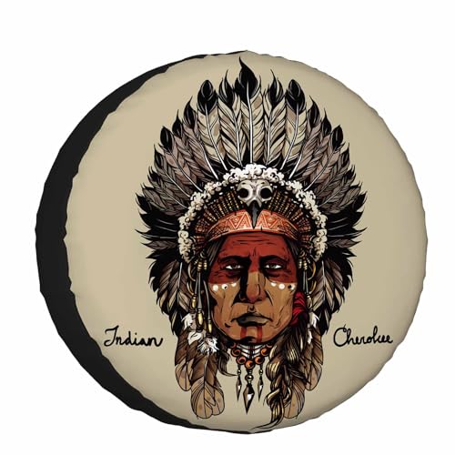 Image of Indian Cherokee Spare Tire Cover Warrior Art Culture Chief Hand Drawing Head Wheel Covers for RV Tires Camper Tire Case Protectors for Trailer Rv SUV Truck Travel Trailer 15 in