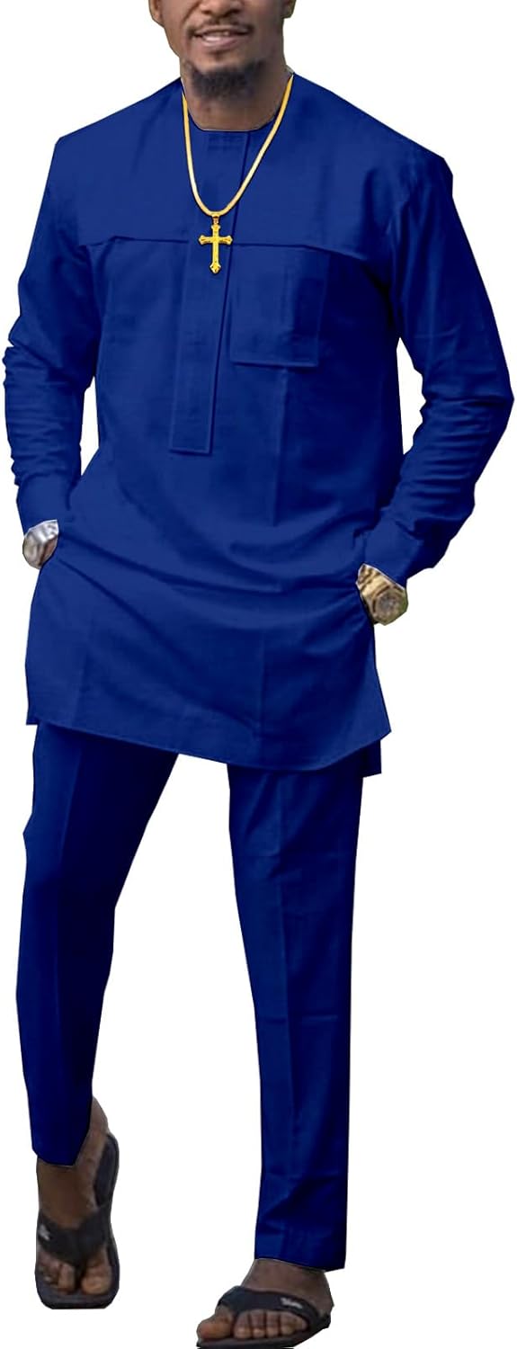 African Suit for Men Traditional Tribal Outfits Dashiki Long Sleeve Top Pants Clothing 2 Piece Casual Daily Attire