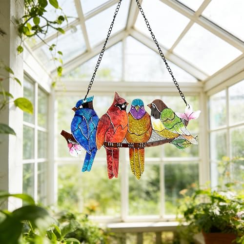 Image of DASTOLL Stained Glass Window Hanging - Birds on A Branch Suncatcher for Window Doors Home Decoration, Valentine's Day Mother's Day Birthday Bird Lover Gifts for Women, Men, and Mom Grandma