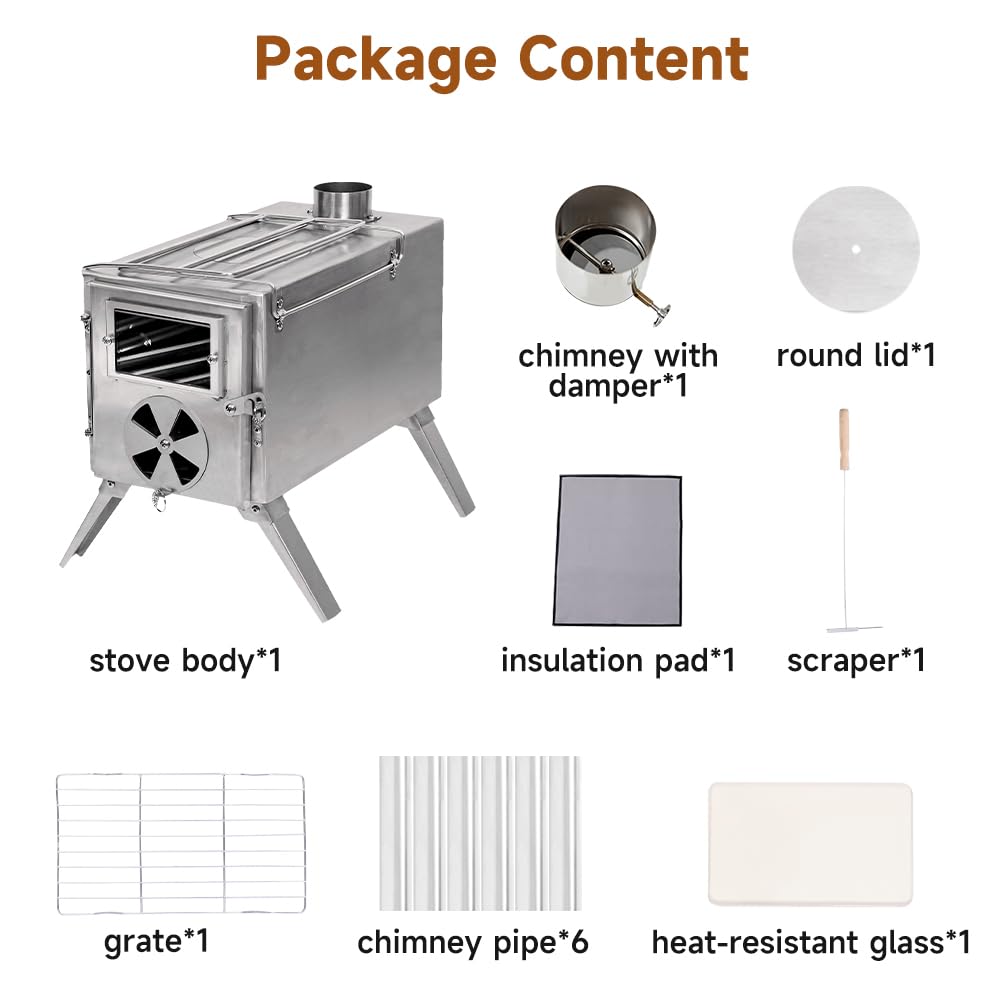 FreiZelt TOMOUNT Tent Stove Wood Burning Stove, Portable Compact Stainless Steel Camping Cookware with Chimneys High Temperature Resistant, Camp Stove for Tents, Lodging and Hiking