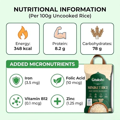 Image of Gitakshi Premium Miniket Rice 5 kg | Silky Long Grain Sortex Graded Rice | Fortified with Iron, Folic Acid, Vitamin B12 & Zinc | Natural Aromatic Rice for Daily Meals & Home Cooking