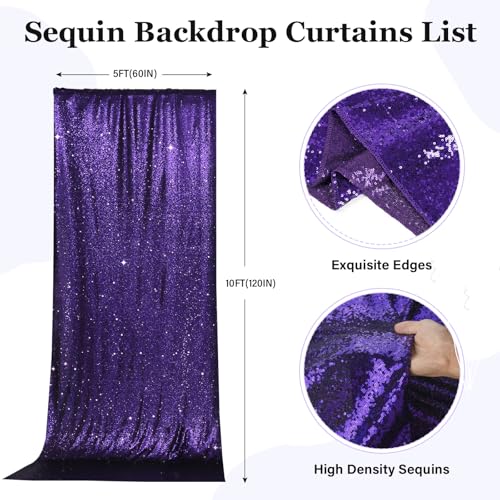 Image of PartyDelight Purple Sequin Backdrop Curtains 5x10ft 2 Sparkly Panels | 4 Inch Rod Pocket and stitched 3mm sequins support split hanging for prom and quinceanera celebrations