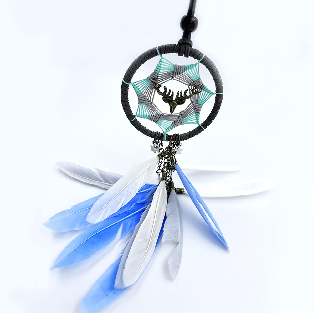 Small Blue Dream Catcher for Car Rearview Mirror Lucky Deer Head Dream Catcher Handmade Feather Dreamcatcher Car Hanging Ornament Home Room Wall Decoration