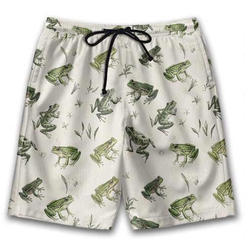 Green Frog Mens Swim Trunks - Jumper Frog Hawaiian Mens Shorts Casual Summer Drawstring Beachwear Shorts