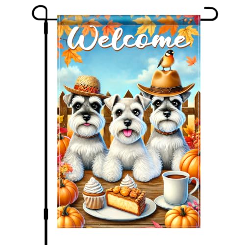 Image of BlissYard Fall Garden Flag Schnauzer Dogs Welcome Pumpkin 12x18 Inch Decor | Double sided polyester, fall Schnauzer dogs design, cozy dog lover decor for porch and yard