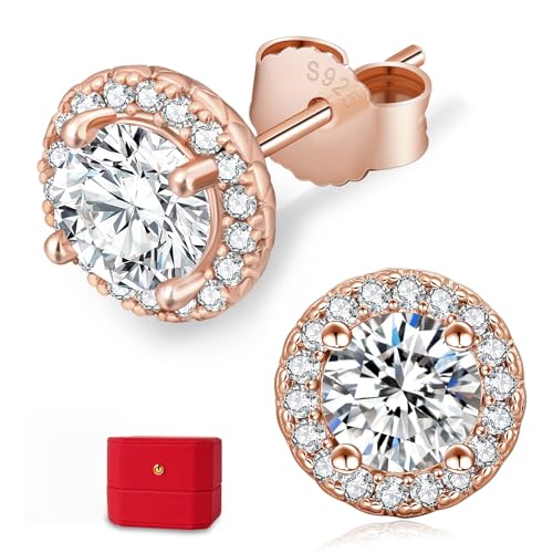KRKC Moissanite Earrings, Lab Created Diamond Stud Earrings For Women Men, 14K Golden-Plated, 925 Sterling Silver Earrings, D Color VVS1, Valentines Christmas Gift, Halo Style, Push Back, 0.