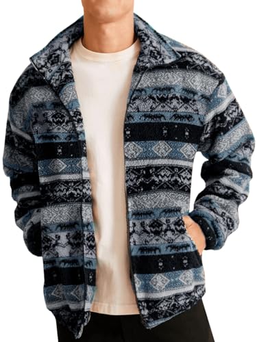 Runcati Mens Aztec Fuzzy Sherpa Fleece Jacket Casual Full Zip Up Printed Coat Fall Winter Soft Outwear with Pocket