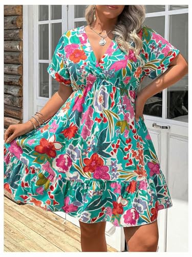 Image of Floerns Women's Plus Size Summer Vacation Wrap V Neck Short Sleeve Ruffle Hem A Line Hawaiian Short Dress