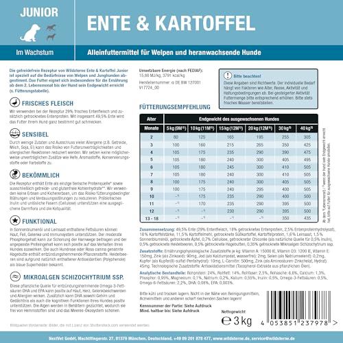 Wildsterne Ente & Kartoffel Junior 3 kg| Getreidefreies Trockenfutter | Monoprotein | von Tierärzten entwickelt