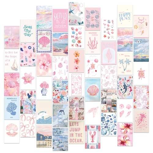 FYSUIMU 50Pcs Coastal Wall Collage Kit Pink Blue Coastal Beach Seashell Art Print Preppy Room Decor Aesthetic Pictures for Bedroom Wall Dorm Home Decor, 4 x 6 Inch
