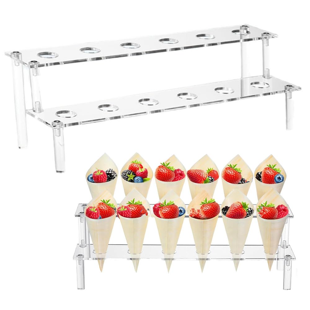 Supporto per coni gelato trasparente Wanfoou, supporto acrilico per coni gelato con 12 fori, supporto a due livelli in acrilico per cupcake, popcorn, ristorante, zucchero, festa o buffet
