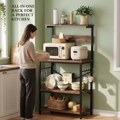 Image of 4-Tier Baker's Rack and Coffee Bar Table | Kitchen Microwave Stand with 6 S-Hooks | Storage Shelf for Spices, Pots and Pans | Rustic Brown | 60x40x125 cm