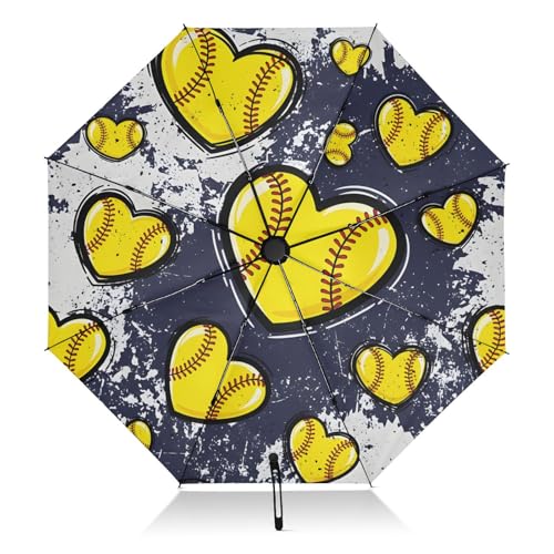 SLHKPNS Heart Softball Print Folding Umbrella Compact Travel Automatic Open Close Sun UV Protection Reverse Inverted Umbrella for Rain Women Men Outside