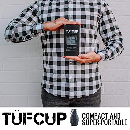 Tufcup Spittoon Bottle for Chewing Tobacco - Reusable Spit Dipping Cup with Lid - Collapsible, Spill Resistant, Leak Proof Travel Spitter - Silicone Body - Fits Most Cup Holders (Grey Grenade)