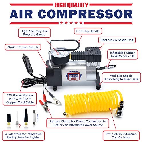 12V DC Best Air Compressor Tire Inflator with Gauge – 150 PSI Portable Air Pump for Car Tires, Trucks & Inflatables – DOUBLE BONUS Tire Puncture Repair Kit & Carry Case – by We Love to Drive