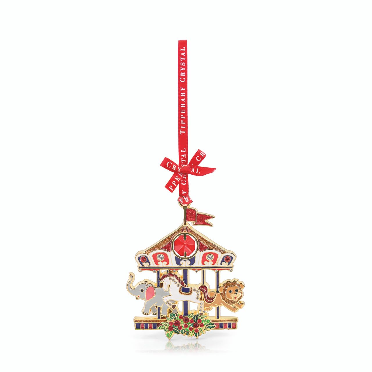 Tipperary Crystal Red, Festive Colours Christmas Carousel Gem Decoration – Festive Sparkle Ornament With Animal Design