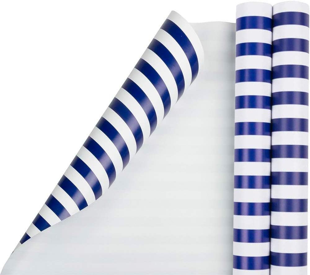 JAM Paper Gift Wrap - Striped Wrapping Paper - 50 Sq Ft Total (30 in x 10 Ft Each) - Blue & White Stripes - 2 Rolls/Pack