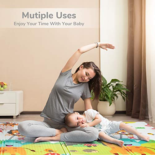 Foldable Play Mat |【Easy to Clean, Fold Up】Non- BPA Non-Toxic Foam Baby Playmat 79“ x 71inchx 0.6” Thick Extra Large Reversible Crawling Mat Portable Toddlers Kids (Cute Giraff)